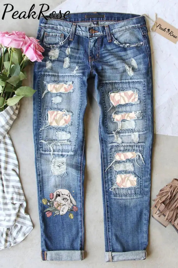 Happy Easter Cute Gray Rabbit Egg Bouquet With Water Printed Leaves Ripped Denim Jeans