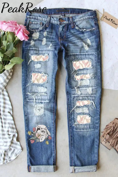 Happy Easter Cute Gray Rabbit Egg Bouquet With Water Printed Leaves Ripped Denim Jeans S