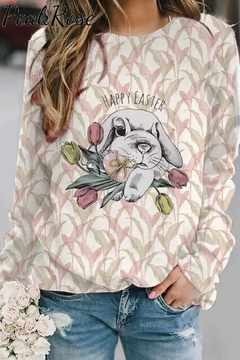 Happy Easter Cute Gray Rabbit Egg Bouquet With Water Printed Leaves Sweatshirt S / Pink