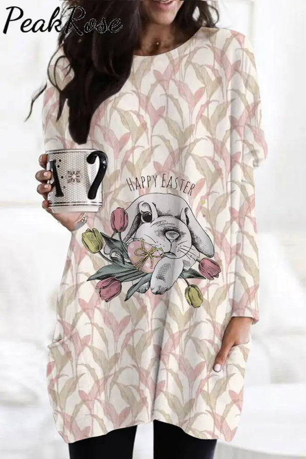 Happy Easter Cute Gray Rabbit Egg Bouquet With Water Printed Leaves Tunic With Pockets