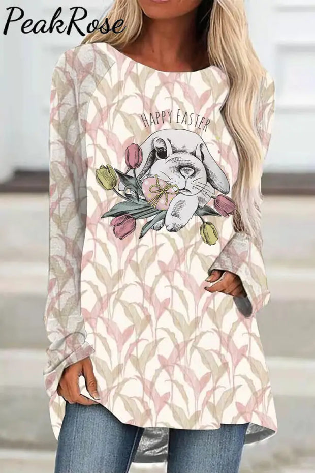 Happy Easter Cute Gray Rabbit Egg Bouquet With Water Printed Leaves Tunic S / Pink