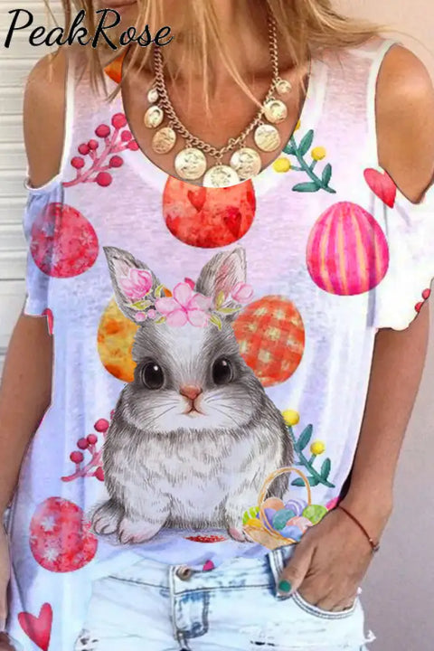 Happy Easter Cute Rabbit Selling Colored Eggs Cold Shoulder T-Shirt T-Shirt