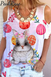 Happy Easter Cute Rabbit Selling Colored Eggs Cold Shoulder T-Shirt S / Pink T-Shirt