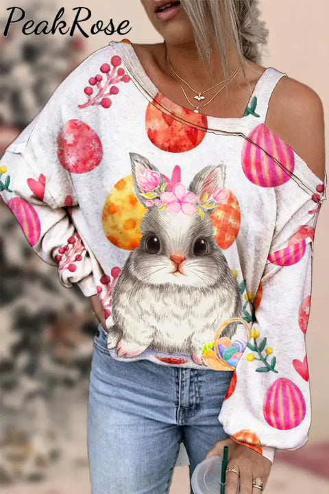 Happy Easter Cute Rabbit Selling Colored Eggs Off-Shoulder Blouse