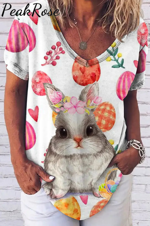 Happy Easter Cute Rabbit Selling Colored Eggs Raw Edges Loose T-Shirt S / Pink