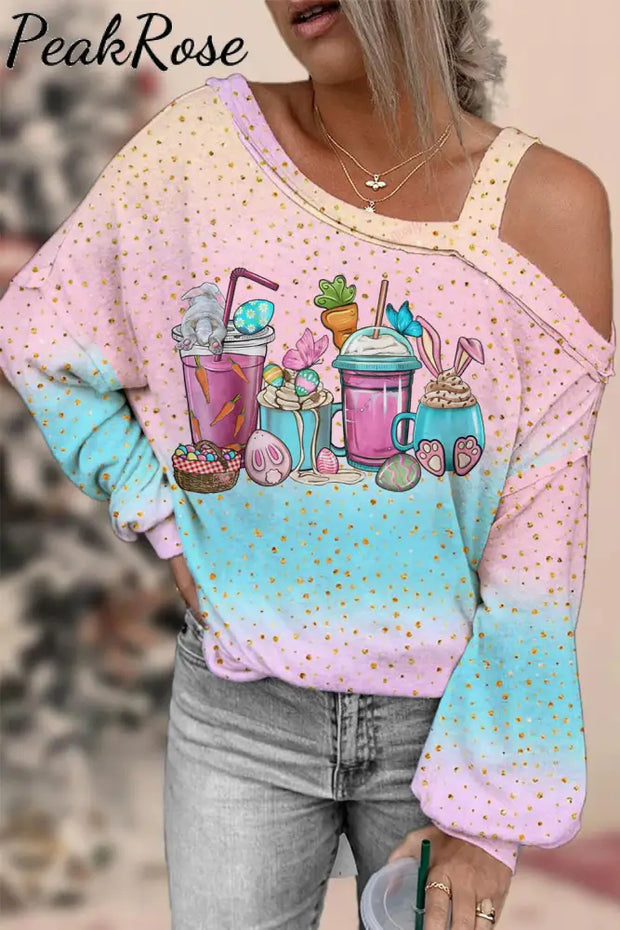 Happy Easter Day Bunnies Cup Pink Blue Off-Shoulder Blouse