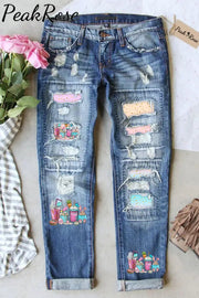 Happy Easter Day Bunnies Cup Pink Blue Ripped Denim Jeans