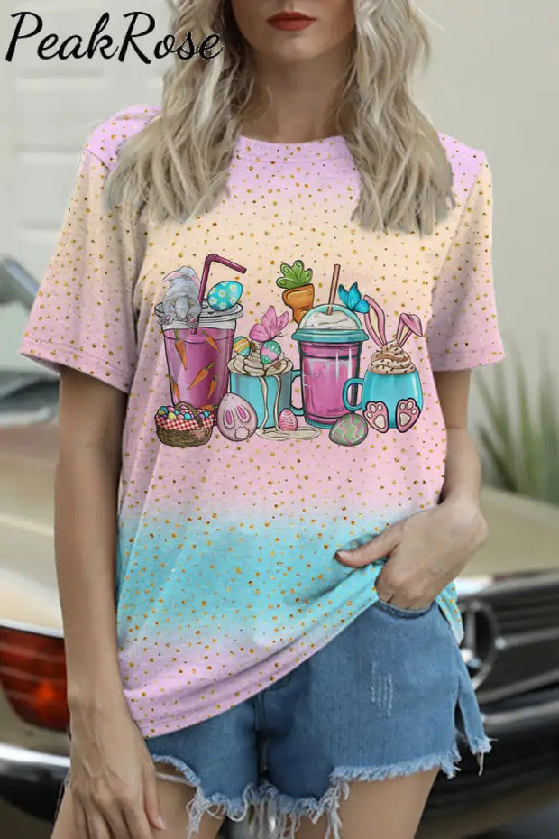 Happy Easter Day Bunnies Cup Pink Blue Round Neck T-Shirt T-Shirt