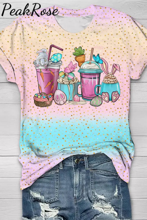 Happy Easter Day Bunnies Cup Pink Blue Round Neck T-Shirt T-Shirt