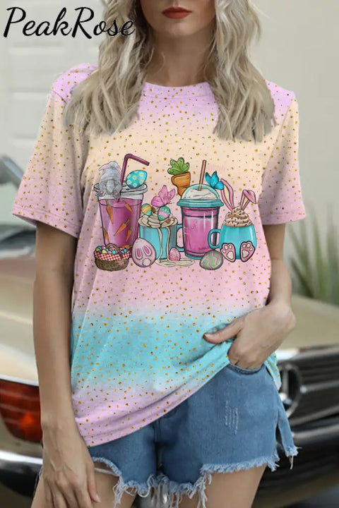 Happy Easter Day Bunnies Cup Pink Blue Round Neck T-Shirt S / T-Shirt