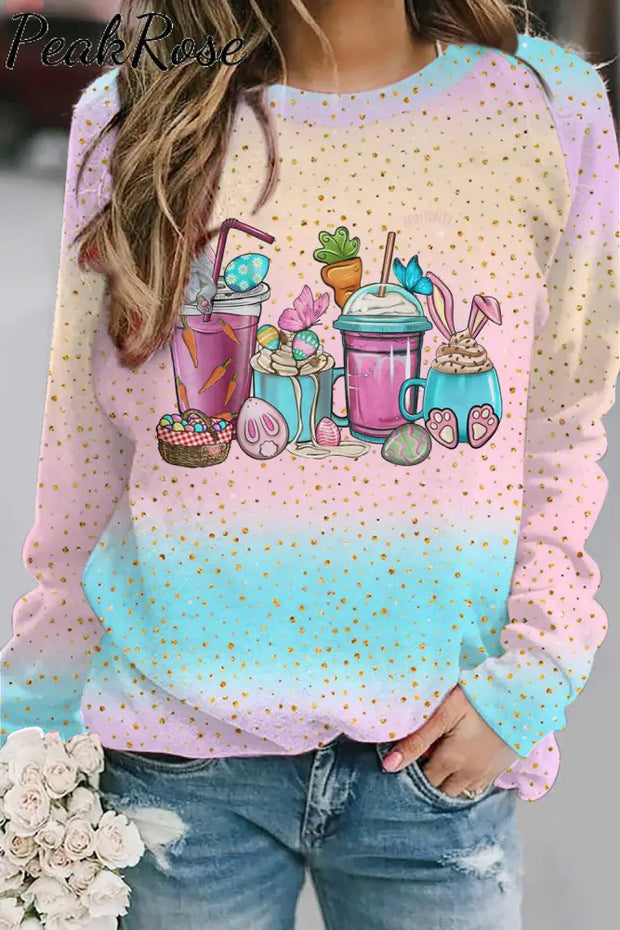 Happy Easter Day Bunnies Cup Pink Blue Sweatshirt S /