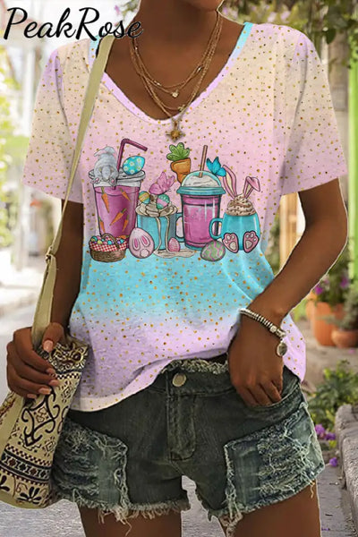 Happy Easter Day Bunnies Cup Pink Blue V Neck T-Shirt S / T-Shirt