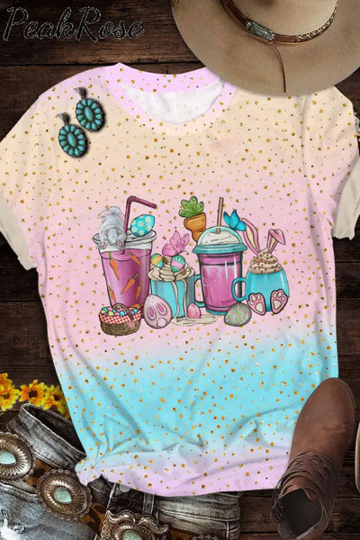 Happy Easter Day Bunnies Cup Round Neck Short Sleeve T-Shirt