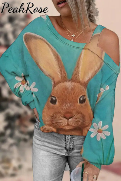 Happy Easter Day Bunnies Daisy Off-Shoulder Blouse Green / S