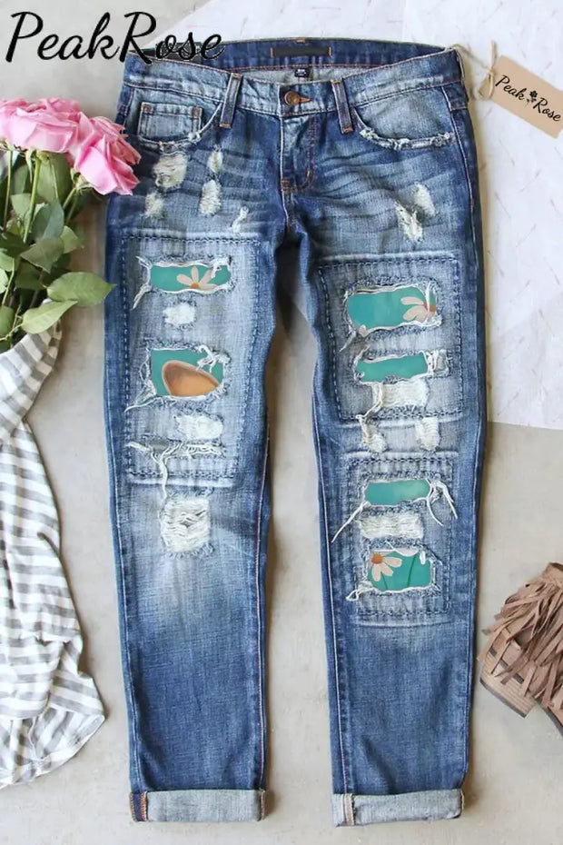 Happy Easter Day Bunnies Daisy Ripped Denim Jeans