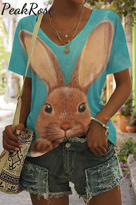 Happy Easter Day Bunnies Daisy V Neck T-Shirt S / Green T-Shirt