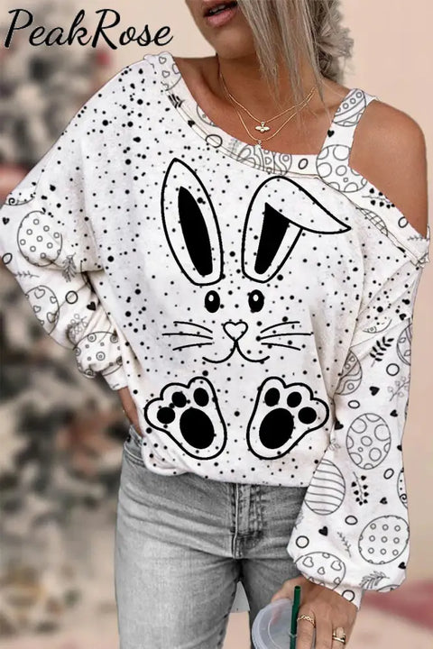 Happy Easter Day Bunnies Eggs Polka Printed Off-Shoulder Blouse