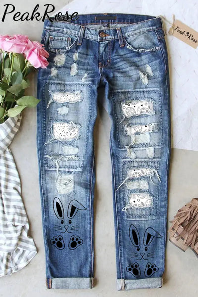 Happy Easter Day Bunnies Eggs Polka Ripped Denim Jeans