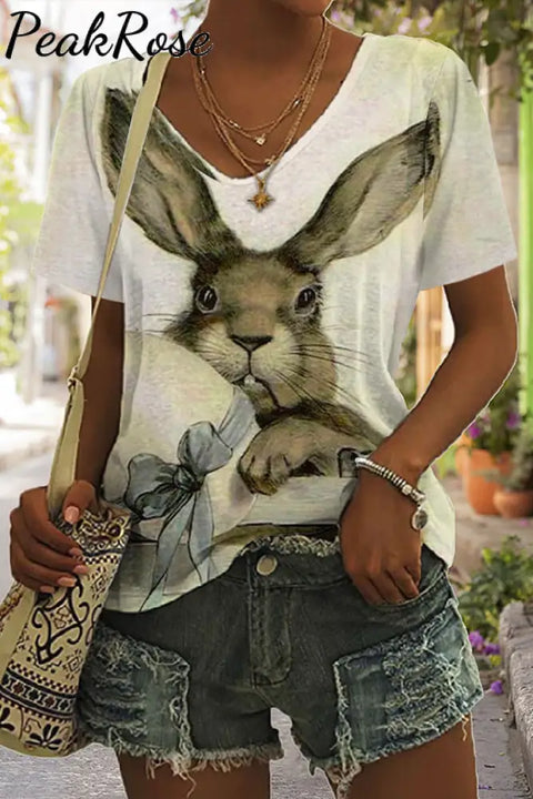 Happy Easter Day Bunnies Eggs Printed V-Neck T-Shirt T-Shirt