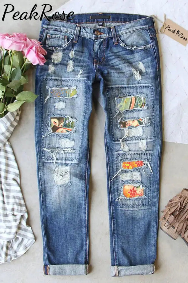 Happy Easter Day Bunnies Floral Printed Ripped Denim Jeans