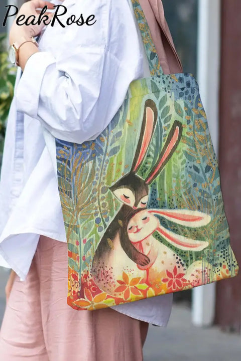 Happy Easter Day Bunnies Floral Tote Bag