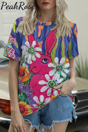 Happy Easter Day Bunnies Paintings Printed Round Neck T-Shirt T-Shirt