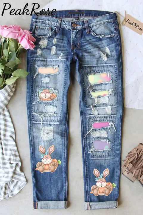 Happy Easter Day Bunny Carrot Ripped Denim Jeans