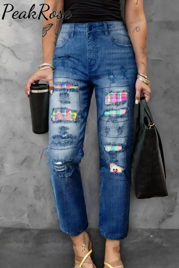 Happy Easter Day Bunny Colorful Plaid Ripped Denim Jeans