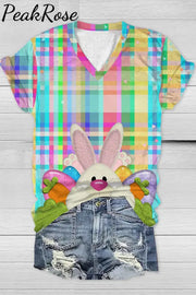 Happy Easter Day Bunny Colorful Plaid V Neck Short Sleeve T-Shirt