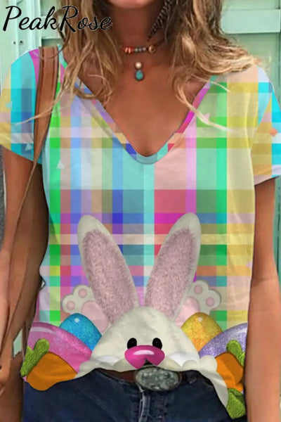 Happy Easter Day Bunny Colorful Plaid V Neck Short Sleeve T-Shirt S / Multicolor