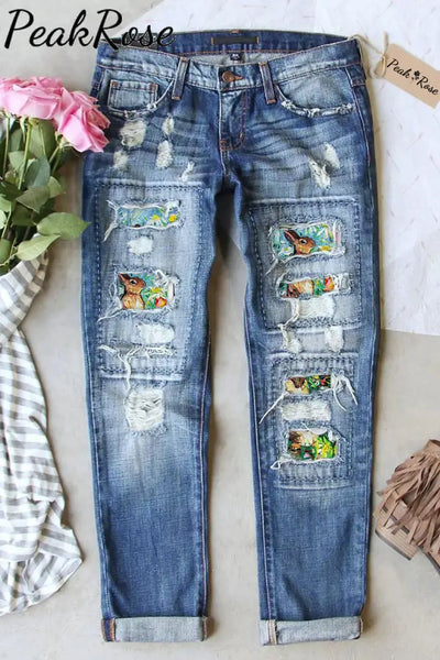 Happy Easter Day Bunny Floral Abstract Art Ripped Denim Jeans S