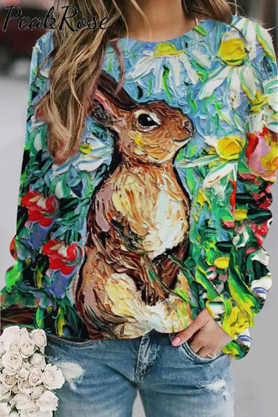 Happy Easter Day Bunny Floral Abstract Art Sweatshirt S / Multicolor