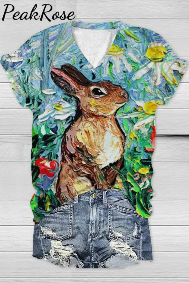 Happy Easter Day Bunny Floral Abstract Art V Neck Short Sleeve T-Shirt