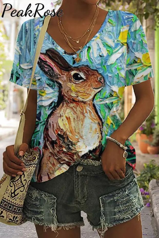 Happy Easter Day Bunny Floral Abstract Art V Neck Short Sleeve T-Shirt S / Multicolor