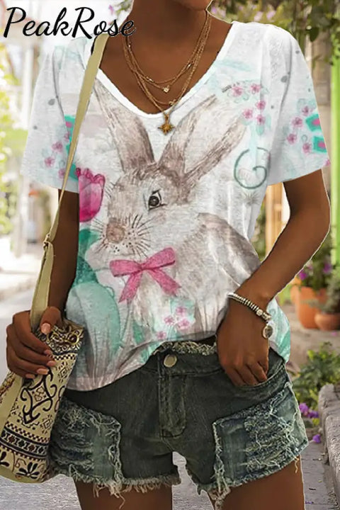 Happy Easter Day Bunny Floral Print V-Neck T-Shirt T-Shirt