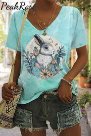 Happy Easter Day Bunny Floral Print V-Neck T-Shirt T-Shirt