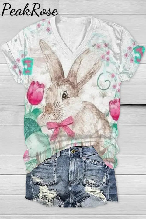 Happy Easter Day Bunny Floral Print V-Neck T-Shirt T-Shirt