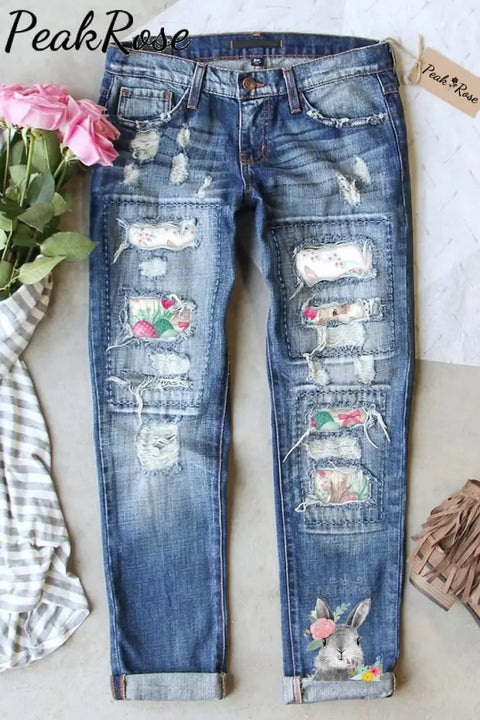 Happy Easter Day Bunny Floral Printed Ripped Denim Jeans