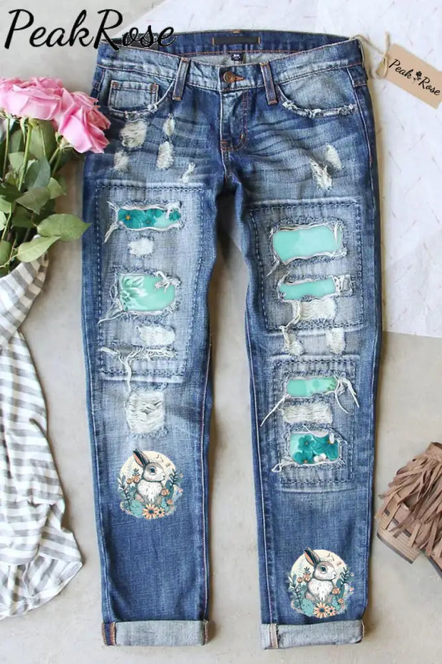 Happy Easter Day Bunny Floral Printed Ripped Denim Jeans