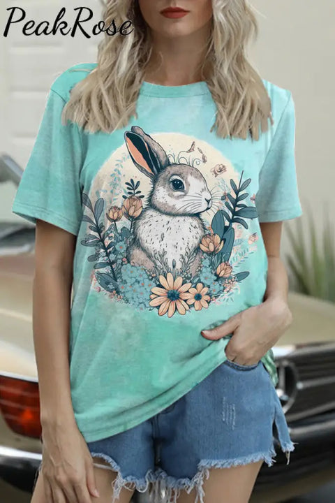 Happy Easter Day Bunny Floral Printed Round Neck T-Shirt T-Shirt