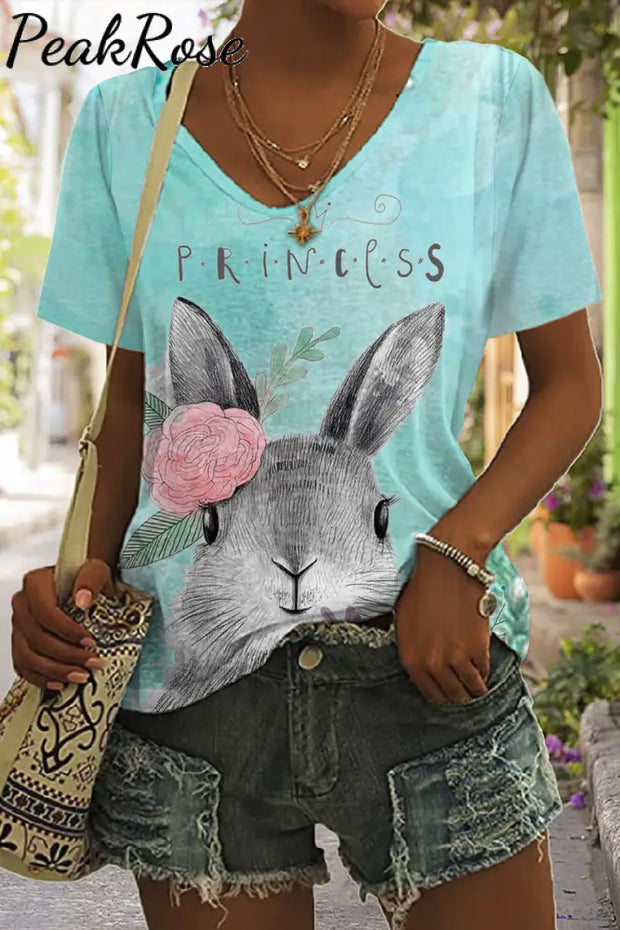 Happy Easter Day Bunny Princess Print V-Neck T-Shirt T-Shirt