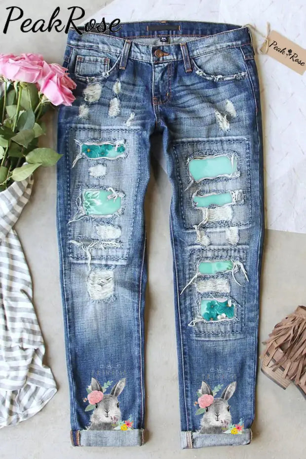 Happy Easter Day Bunny Princess Printed Ripped Denim Jeans