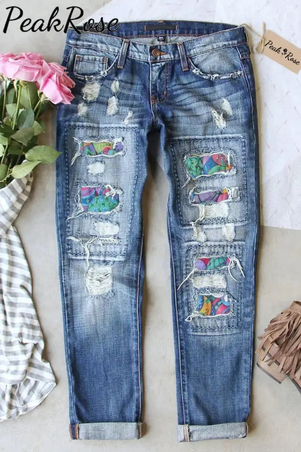 Happy Easter Day Colorful Eggs Ripped Denim Jeans S