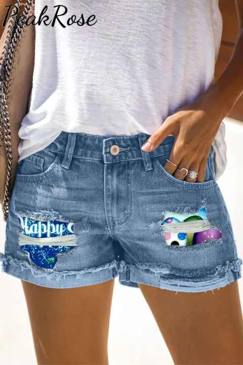 Happy Easter Day Colorful Eggs Starry Sky Denim Shorts S / Blue