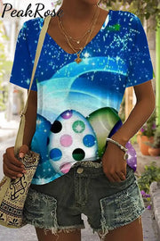 Happy Easter Day Colorful Eggs Starry Sky V Neck Short Sleeve T-Shirt