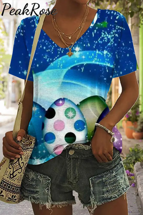 Happy Easter Day Colorful Eggs Starry Sky V Neck Short Sleeve T-Shirt