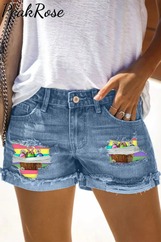 Happy Easter Day Colorful Eggs Stripe Denim Shorts