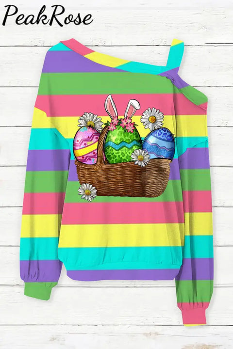 Happy Easter Day Colorful Eggs Stripe Off-Shoulder Blouse