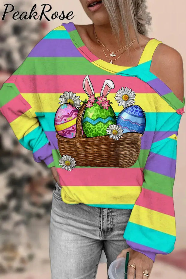 Happy Easter Day Colorful Eggs Stripe Off-Shoulder Blouse / S