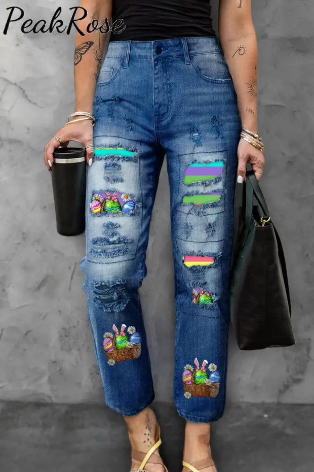 Happy Easter Day Colorful Eggs Stripe Ripped Denim Jeans